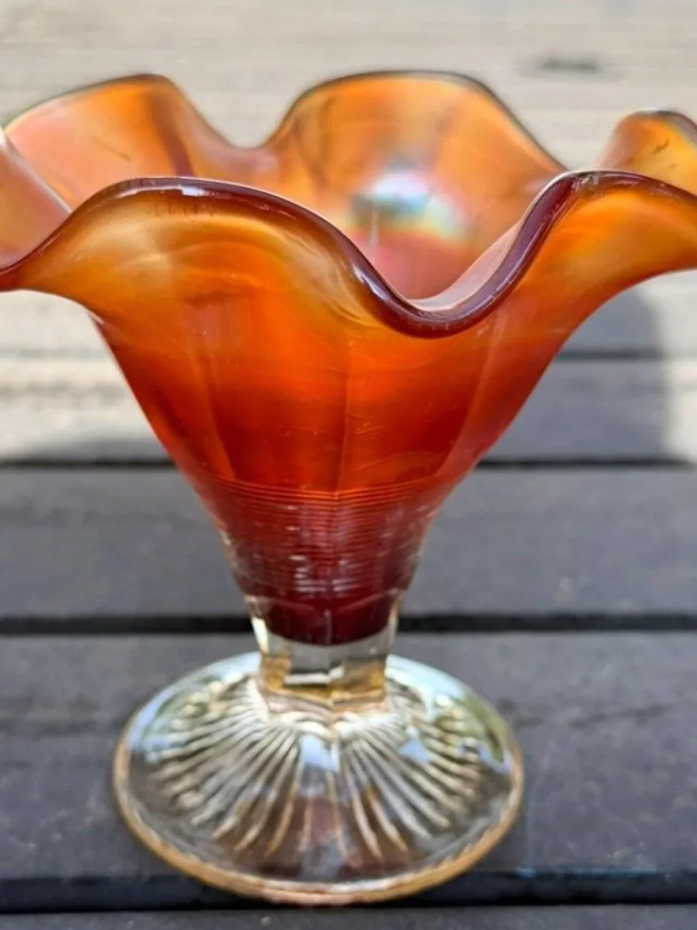 Antique Fenton Fine Rib Marigold Carnival Glass Footed Ruffled Vase c1910
